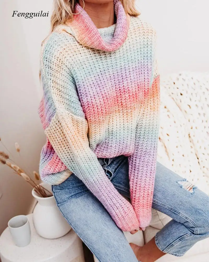 

Радужная водолазка женские свитера пуловер с галстуком красочный зимний джемпер вязаный Повседневный тонкий женский свитер распродажа