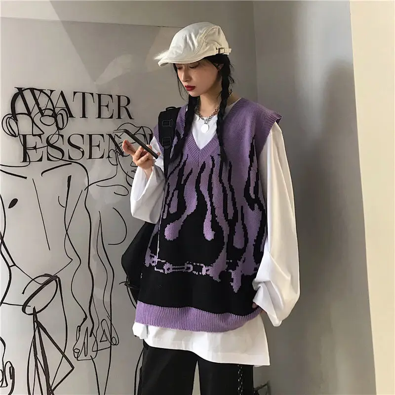 Autumn and winter high street flame contrast color V-neck sleeveless vest top all-match loose knit sweater women tide
Autumn and winter high street flame contrast color V-neck sleeveless vest top all-match loose knit sweater women tide