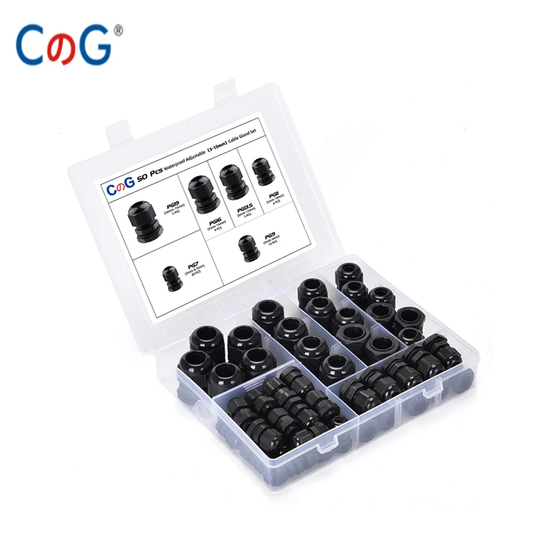 

CG 50PCS Waterproof Cable Gland PG7 PG9 PG11 PG13.5 PG16 PG19 Plastic Black Cable Fixing Joint With Gasket Range For 3-15mm Set