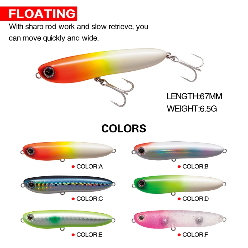 Topwater Pencil bait popper wobblers pesca lure 6.5g 67mm 3D eyes Fishing lure floating Fishing tackle carp bass Fishing catfish
Topwater Pencil bait popper wobblers pesca lure 6.5g 67mm 3D eyes Fishing lure floating Fishing tackle carp bass Fishing catfish