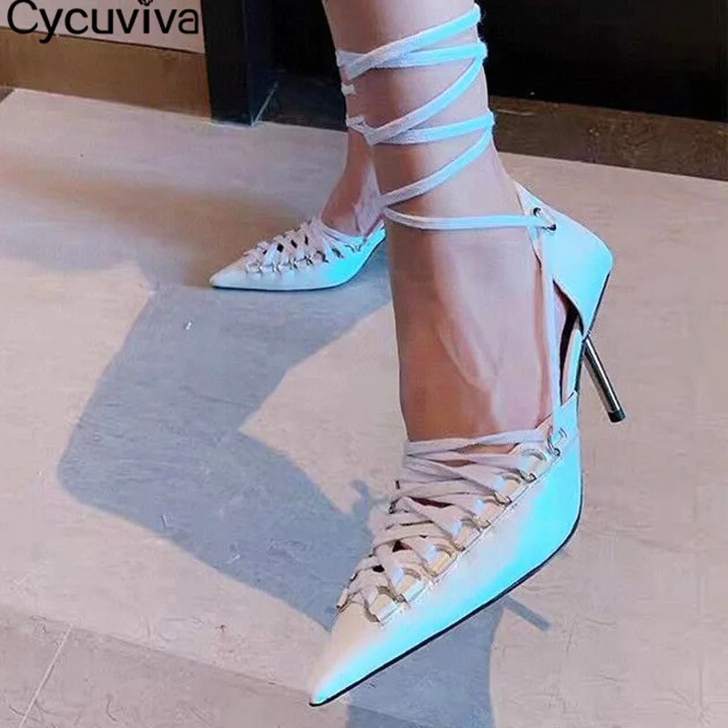 Sexy High Heel Gladiator Sandals Metal Heels Pumps Women Pointy Toe Lace Up Party Shoes Woman Designer Sandalias Mujer 2021 
Sexy High Heel Gladiator Sandals Metal Heels Pumps Women Pointy Toe Lace Up Party Shoes Woman Designer Sandalias Mujer 2021