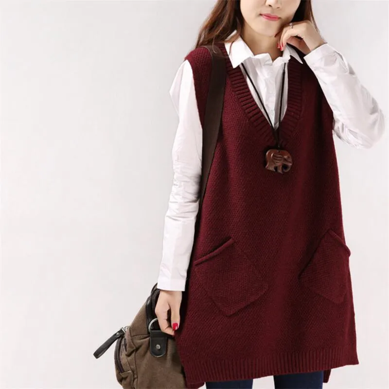 2021 Women Sweater Spring Autumn New Korean Women's V-neck Knit Long A-shaped Pocket Vest Pullover Sleeveless | Женская одежда