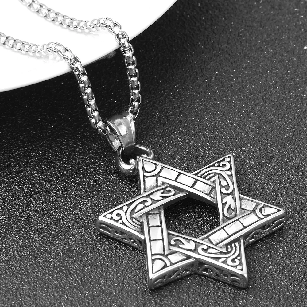

Hip Hop Individual Character Tide Twill Six Mans Star Pendant Necklace Titanium Steel Necklace Six-Pointed Star Hang Adorn Men
