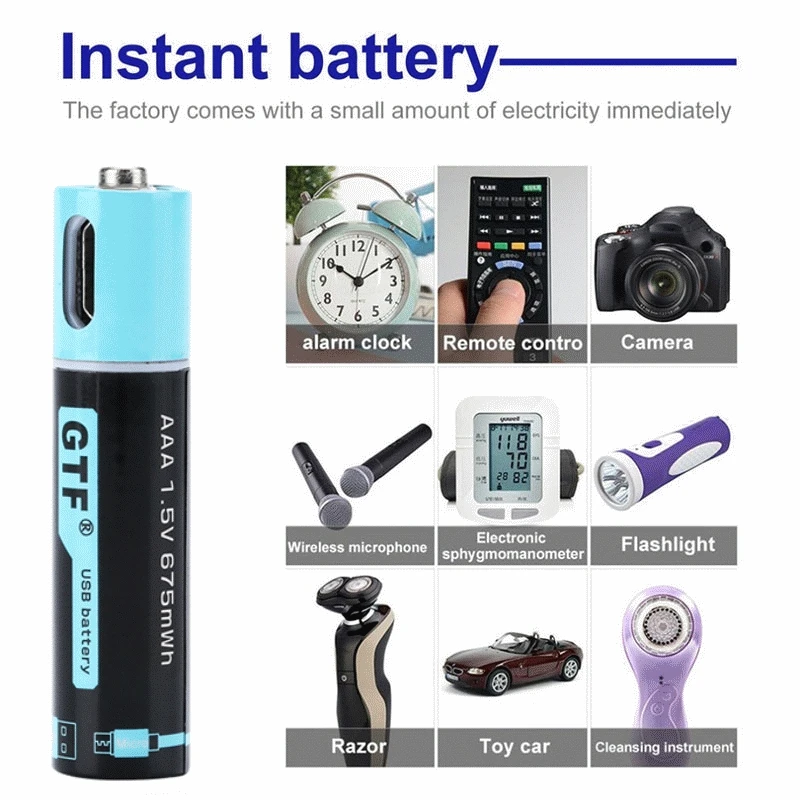 GTF 100% capacity 1.5V AAA Battery 450mAh USB Rechargeable Battery 1.5V 675mwh For Remote Control Toys AAA batteries
GTF 100% capacity 1.5V AAA Battery 450mAh USB Rechargeable Battery 1.5V 675mwh For Remote Control Toys AAA batteries