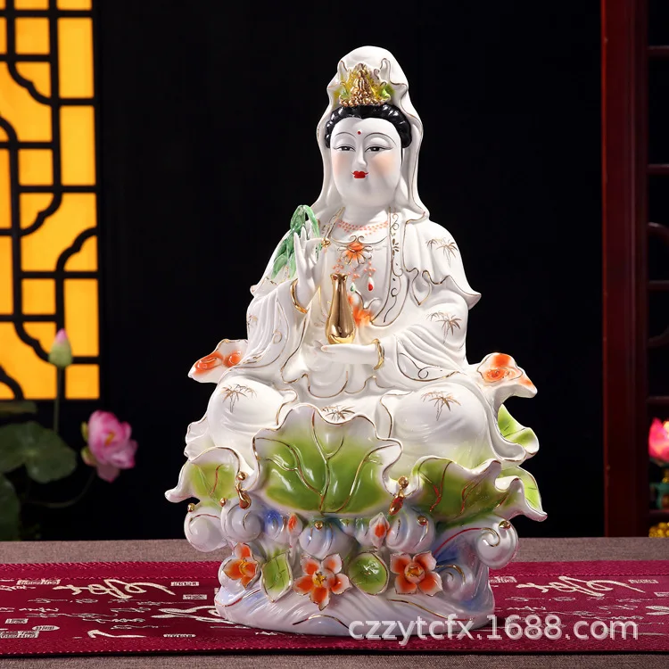 

14 inches High white jade porcelain sitting lotus leaf Guanyin Bodhisattva Buddha statue ornament