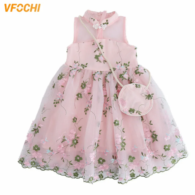 

VFOCHI 2021 Girl Dresses With Bag Summer Girls Clothes Lace Floral Embroidery Baby Dress Chinese Style Fashion Girls Party Dress