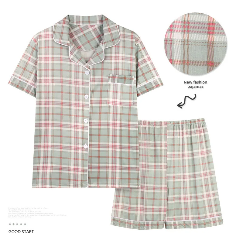 Women Pajamas Set Summer Short Sleeve Kawaii Korean Ins Fresh Green Striped Turn-down Collar Single Breasted Cute Girl Sleepwear
Women Pajamas Set Summer Short Sleeve Kawaii Korean Ins Fresh Green Striped Turn-down Collar Single Breasted Cute Girl Sleepwear