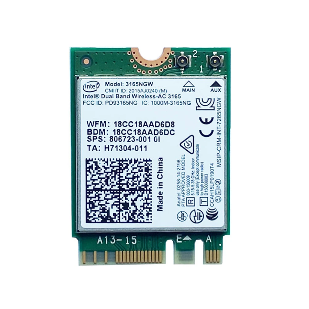 3165NGW AC NGFF M.2 Dual Band 2.4G/5G Network Card Wireless WiFi 433M Adapter Bluetooth-Compatible 4.2 Laptop Notebook Accessory 
3165NGW AC NGFF M.2 Dual Band 2.4G/5G Network Card Wireless WiFi 433M Adapter Bluetooth-Compatible 4.2 Laptop Notebook Accessory