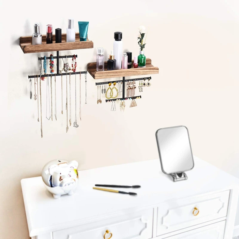 2PCS Hanging Wall Mounted Jewelry Organizer with Rustic Wood Jewelry Holder Display for Necklaces Bracelet Earrings Ring