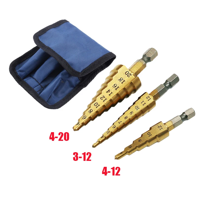 3Pcs 3-12mm/4-12mm/4-20mm HSS Straight Groove Step Drill Bit Titanium Coated Wood Metal Hole Cutter Core Cone Drilling Tools Set
3Pcs 3-12mm/4-12mm/4-20mm HSS Straight Groove Step Drill Bit Titanium Coated Wood Metal Hole Cutter Core Cone Drilling Tools Set