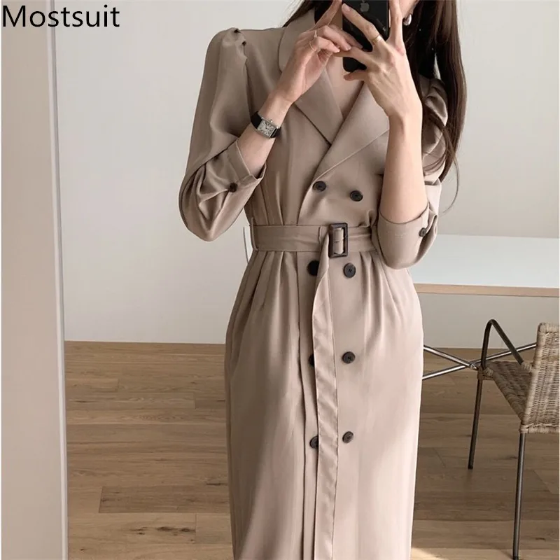 

Douoble-breasted Korean Belted Suit Dress Women 2020 Autumn Notched Collar Long Sleeve Ol Style Elegant Ladies Dresses Vestidos