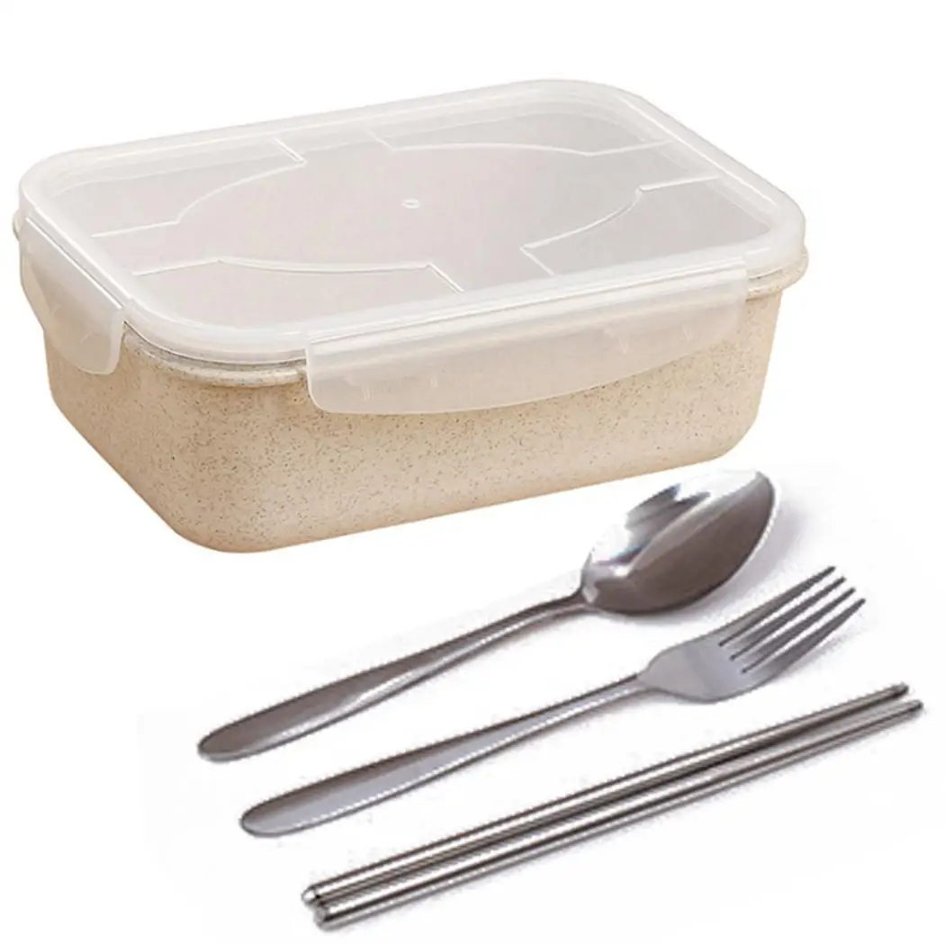 Wheat Straw Plastic Storage Box Microwave Heating Sealed Lunch 1 set Stainless Steel Tableware | Дом и сад
