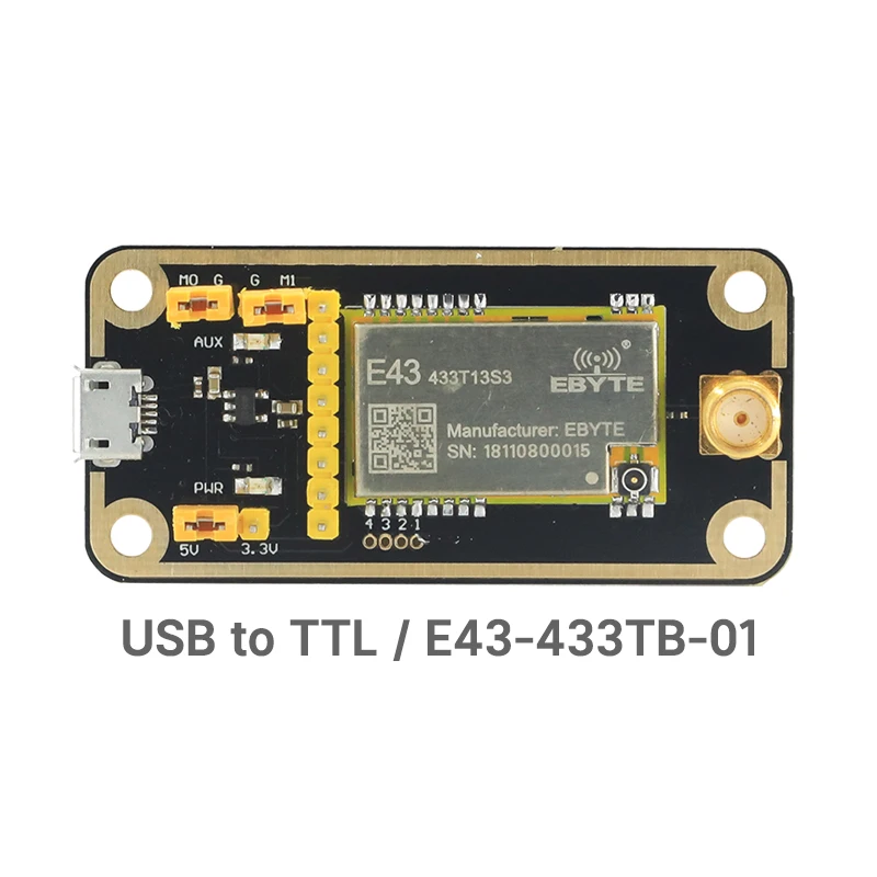 Тестовая Плата USB/TTL E43-433TB-01 для модуля 433 МГц, используемого для E43-433T13S3
Тестовая Плата USB/TTL E43-433TB-01 для модуля 433 МГц, используемого для E43-433T13S3