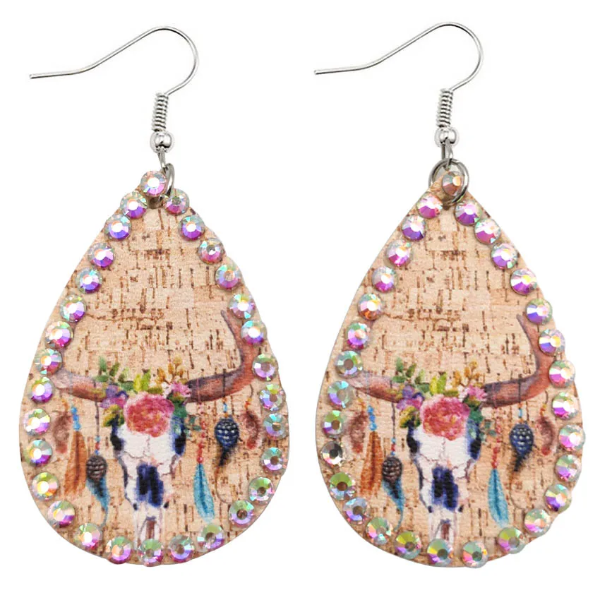 

AB Crystal Embellished Colorful Dreamcatcher Cow Head Tauren Totem Print Simulate Wooden PU Leather Tribe Earrings for Women