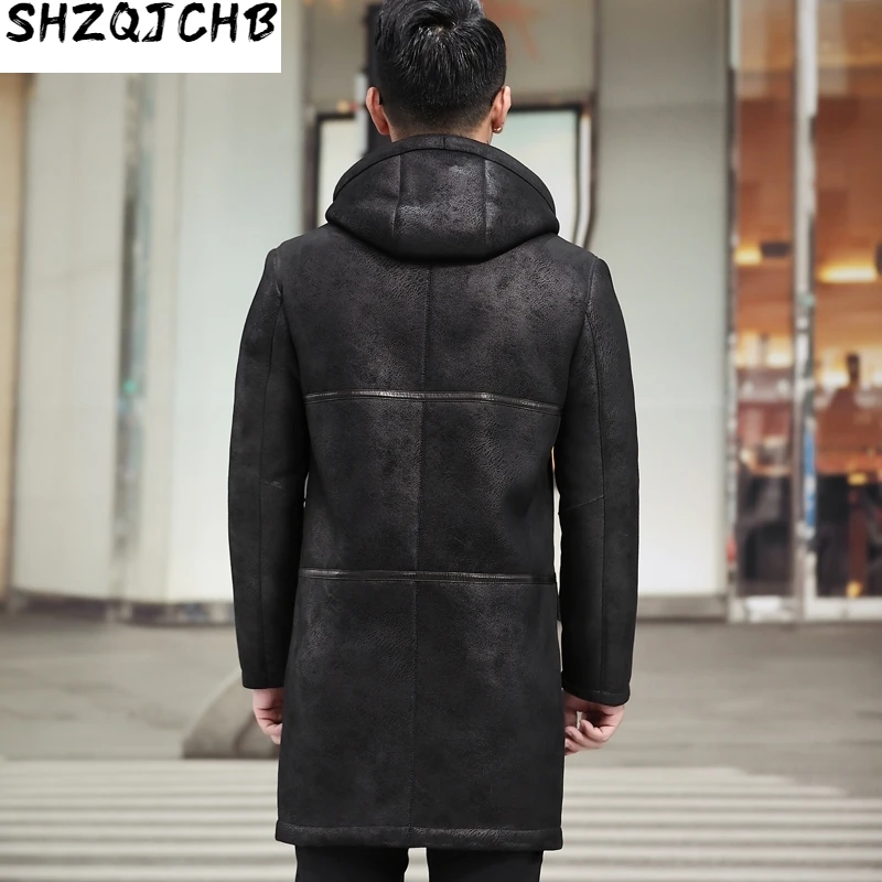 

JCHB 2021 Real Fur Coat Men Sheep Shearing Winter Coat Men Genuine Leather Jacket Men Natural Wool Coat Hooded Windbreaker 808 Y