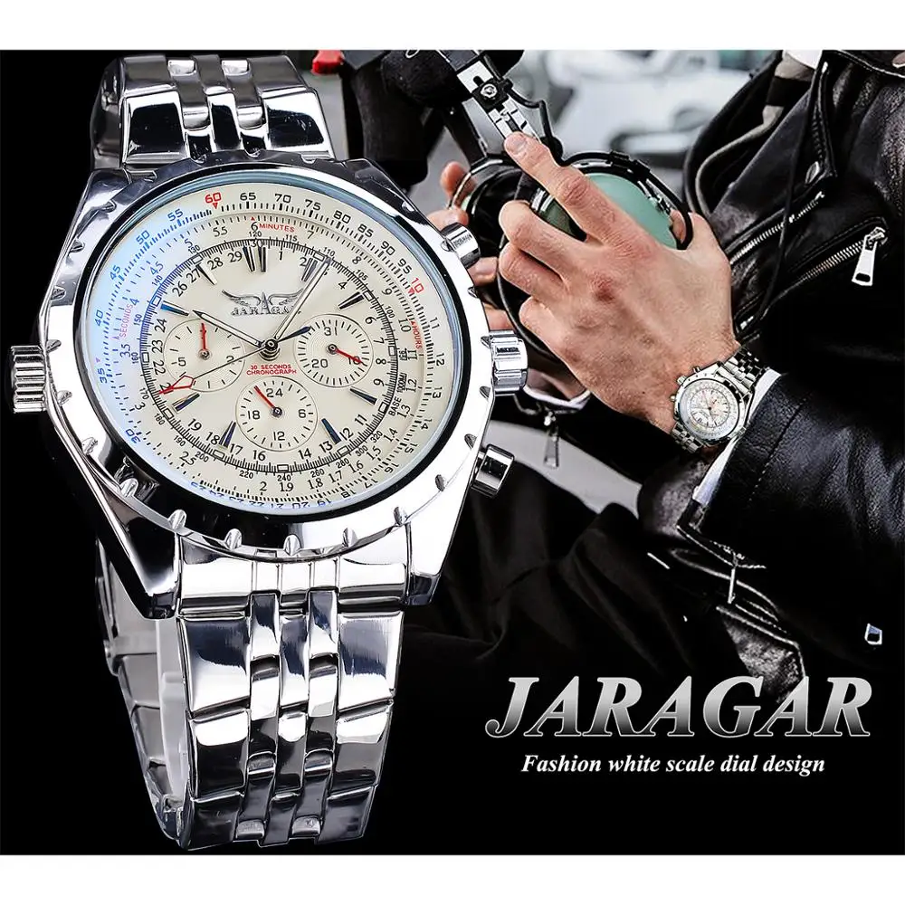 Jaragar белый циферблат Автоматические часы Полный календарь серебро Нержавеющая