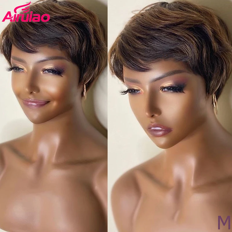 

Honey Blonde Short Bob Pixie Cut Human Hair Wigs Colored Ombre Brown Wavy 4x4 Full Lace Closure Wig Highlight Brazilian Remy 150