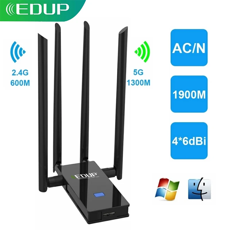 

EDUP 1900Mbps USB 3.0 WiFi Wireless Network Card 4*6dBi WiFi Dongle Adapter Dual Band 2.4G/5Ghz Wi-Fi Adapter For PC 802.11AC