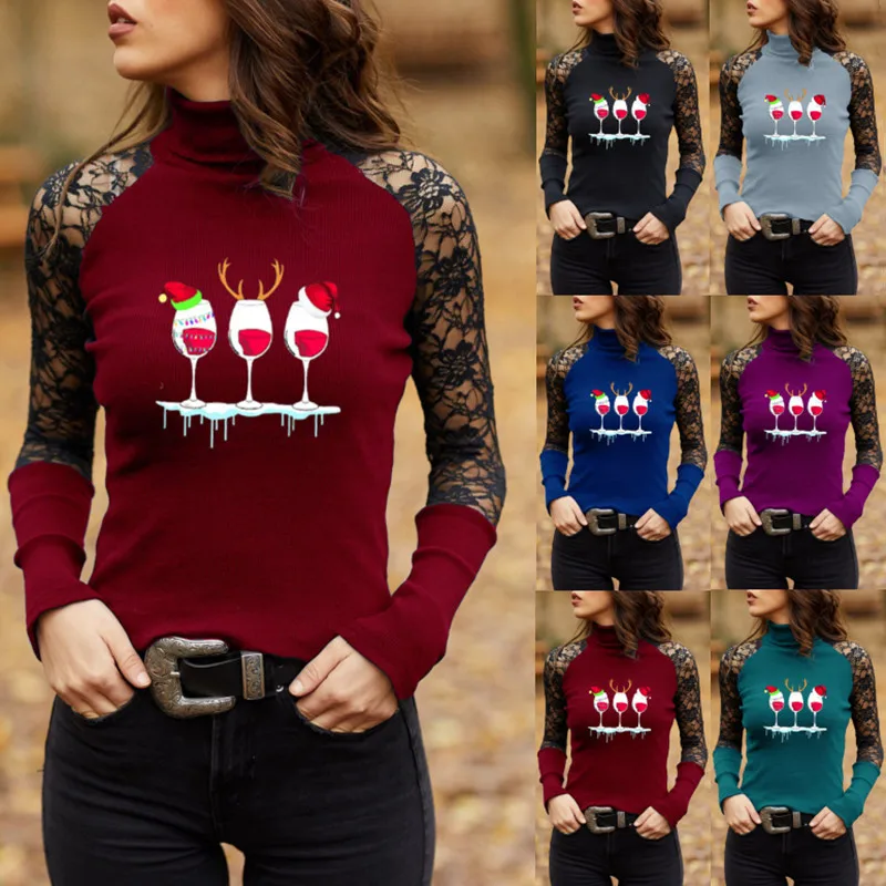 Spring Women's T Shirts Fashion Turtleneck Sexy Lace Stitching Long-sleeved Pullover Top Heat Print Casual Slim Tees Tshirt Tops
Spring Women's T Shirts Fashion Turtleneck Sexy Lace Stitching Long-sleeved Pullover Top Heat Print Casual Slim Tees Tshirt Tops