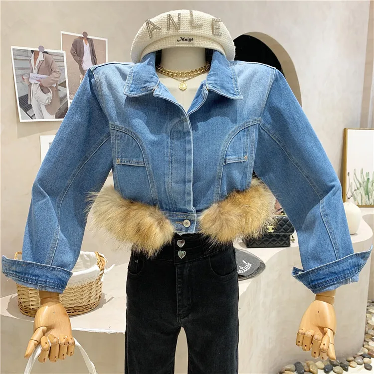 

Streetwear Fashion Fur Splice Denim Coat Loose Single-breasted Lapel Crop Puffer Jacket Women Sacos De Mujer De Vestir Abrigo