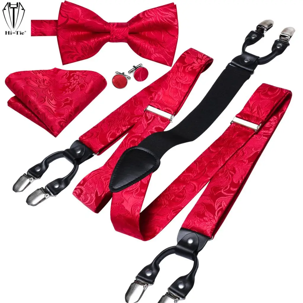 Hi-Tie Brand Silk Mens Suspenders Red Floral 6 Clips Braces Bowtie Pocket Square Cufflinks Set For Men Suspender Wedding Party
Hi-Tie Brand Silk Mens Suspenders Red Floral 6 Clips Braces Bowtie Pocket Square Cufflinks Set For Men Suspender Wedding Party