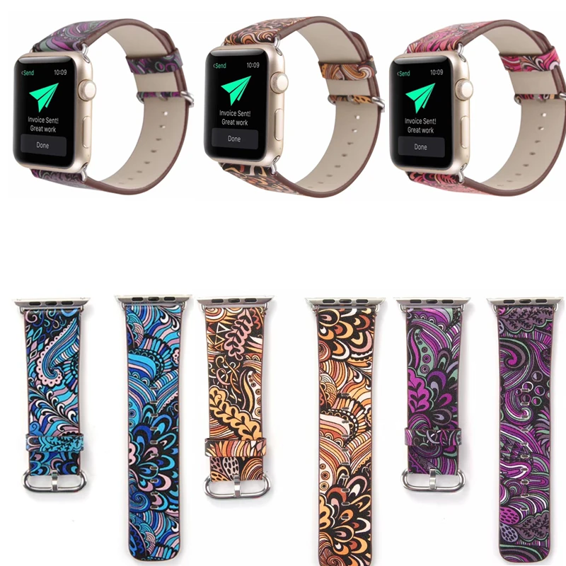 Ремешок кожаный для Apple Watch SE Series 6/5/43/2/1 винтажный цветочный этнический браслет с