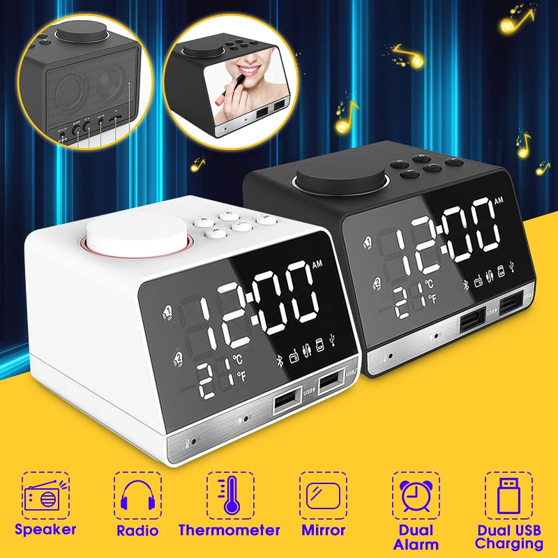 LED Digital Dual Alarm Mirror Clock Wireless bluetooth Bass Speaker FM Radio+2 USB Charger Ports Music Player Snooze Temperature
LED Digital Dual Alarm Mirror Clock Wireless bluetooth Bass Speaker FM Radio+2 USB Charger Ports Music Player Snooze Temperature