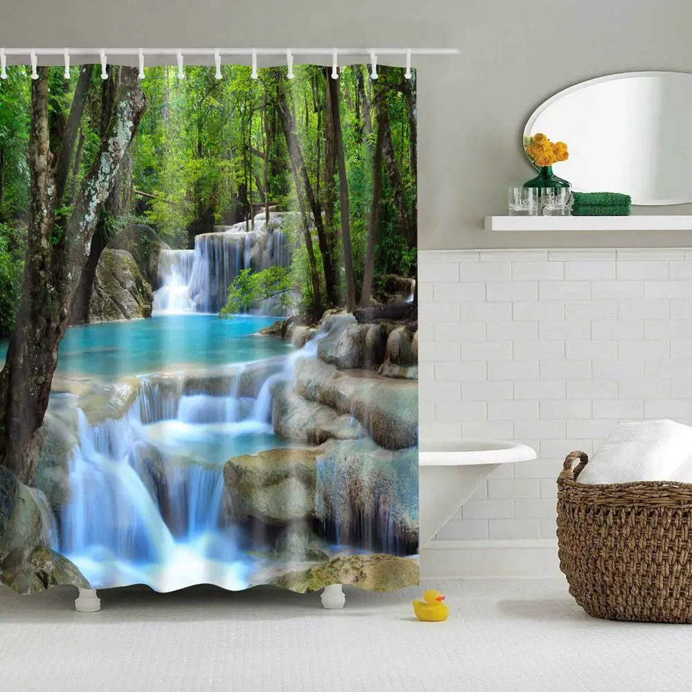 

Dafield Waterfall Shower Curtain Nature Scenery Foliage Mountains an Rocks View Print Waterproof Polyester Fabric