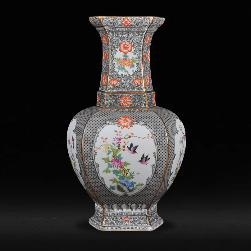 FOCUSDECOR Восточная светло серая китайская ваза с оранжевым цветком фарфоровая