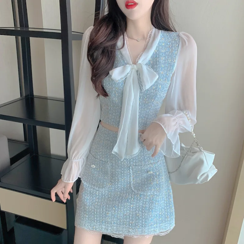 Small Fragrance New Sweet Korean Elegant 2 Piece Set Women Bow Tweed Patchwork Chiffon Shirt Blouse Crop Top + Mini Skirt Suits
Small Fragrance New Sweet Korean Elegant 2 Piece Set Women Bow Tweed Patchwork Chiffon Shirt Blouse Crop Top + Mini Skirt Suits