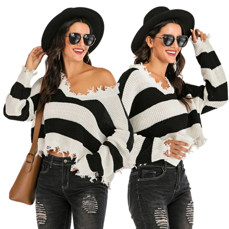 Sweater women's fashion new style striped frayed casual sweater women fall/winter loose V-neck versatile sweater
Sweater women's fashion new style striped frayed casual sweater women fall/winter loose V-neck versatile sweater