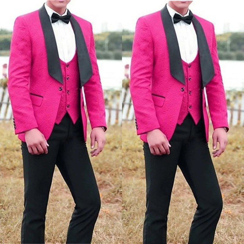 Tailored Fushia Groom Tuxedoes Black Shawl Lapel Mens Wedding Suits Male Prom Party Blazer Groomsmen Jacket with Black Pant
Tailored Fushia Groom Tuxedoes Black Shawl Lapel Mens Wedding Suits Male Prom Party Blazer Groomsmen Jacket with Black Pant