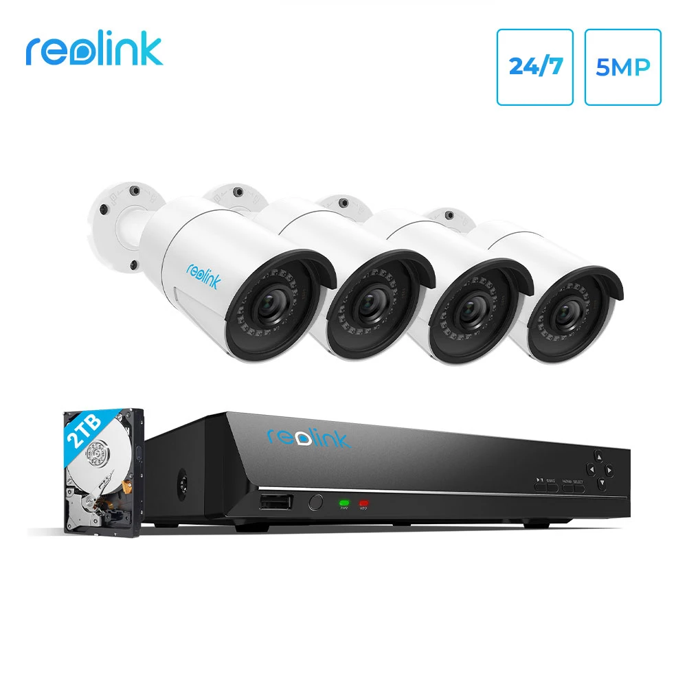 

Reolink 4MP 5MP Camera System 8ch PoE NVR&4 PoE IP Cameras Bullet Outdoor HD Video Surveillance Kit 2TB HDD RLK8-410B4