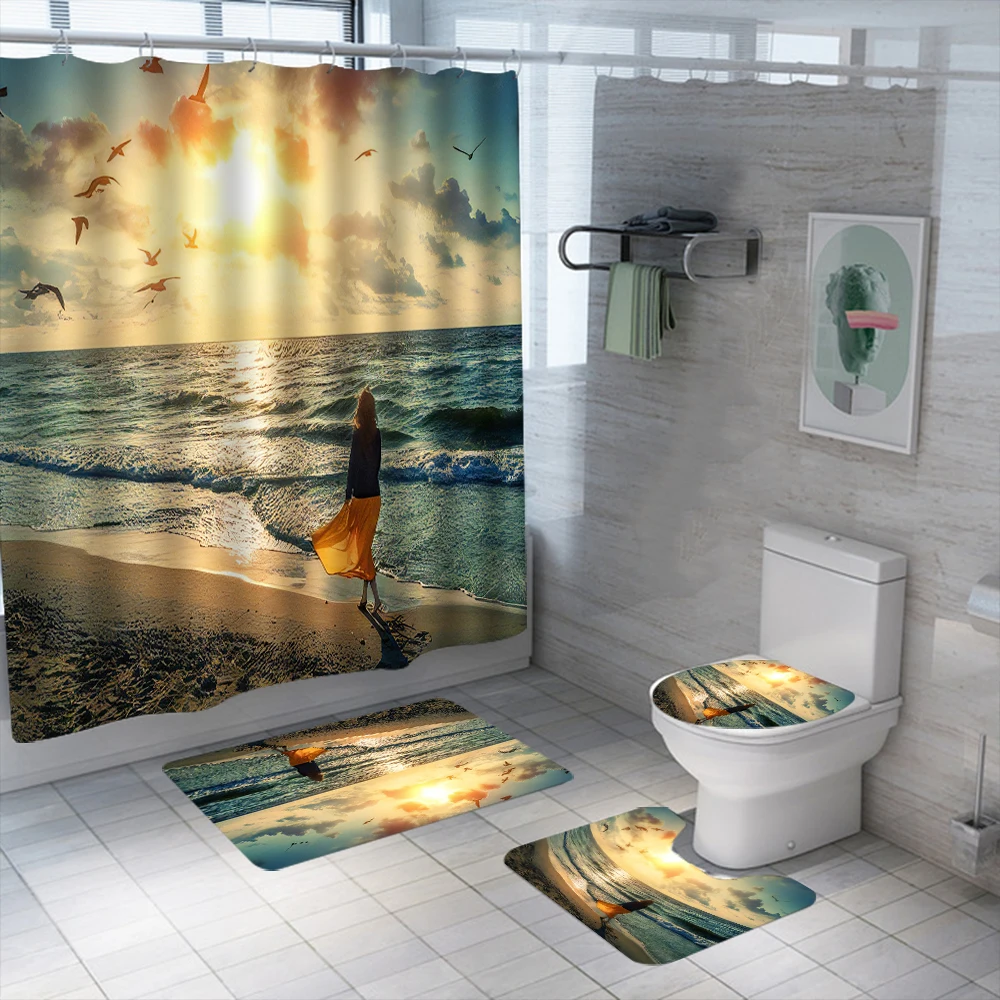 3D Printed Beach Shower Curtain Set Waterproof Washable Polyester Bath Curtain Anti-slip Rugs Toilet Lid Cover Bath Mat Set 
3D Printed Beach Shower Curtain Set Waterproof Washable Polyester Bath Curtain Anti-slip Rugs Toilet Lid Cover Bath Mat Set