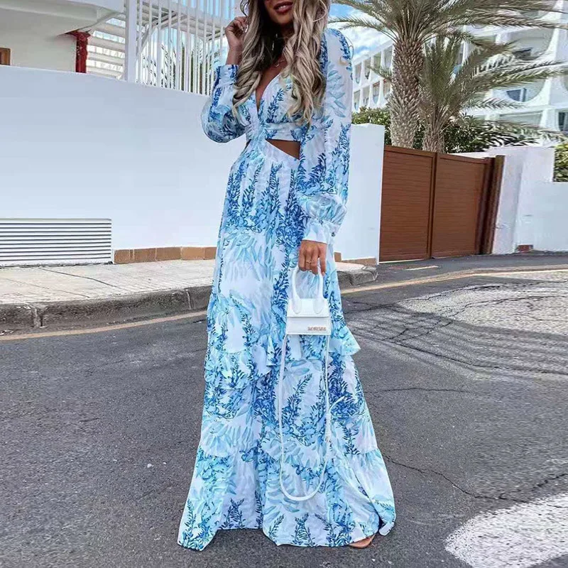 2021 Spring Summer Women Long Sleeve Maxi Beach Dress Sexy Criss-cross Hollow Out Boho Long Dress Deep V Neck Ruffle Party Dress 
2021 Spring Summer Women Long Sleeve Maxi Beach Dress Sexy Criss-cross Hollow Out Boho Long Dress Deep V Neck Ruffle Party Dress