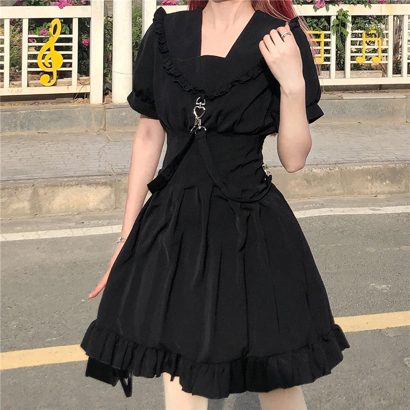 Vintage Diablo Gothic Fairy Mini Women Dress Summer Personality Sailor Collar Puff Sleeve Ruffles Draw Back Dress Vestidos 2021
Vintage Diablo Gothic Fairy Mini Women Dress Summer Personality Sailor Collar Puff Sleeve Ruffles Draw Back Dress Vestidos 2021
