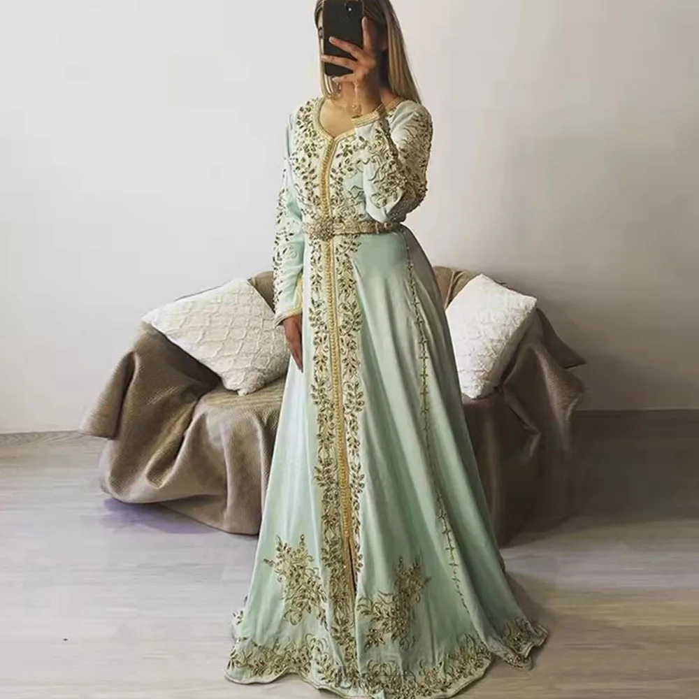 

Muslim Mint Green Gold Lace Applique Evening Dress Full Sleeves Prom Dresses V Neck Sash robes de soirée платье فساتين السهرة