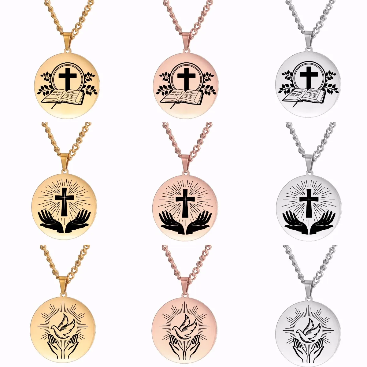 Christian Jesus Cross Dove Bird of Peace Bible Scripture Holy Writ Round Pendant Necklace Stainless Steel Religious Jewelry Gift
Christian Jesus Cross Dove Bird of Peace Bible Scripture Holy Writ Round Pendant Necklace Stainless Steel Religious Jewelry Gift