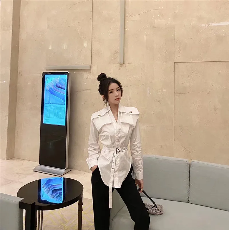 Женские блузки WHITNEY WANG весна 2020 уличная мода блузка с карманами на плечах и поясом