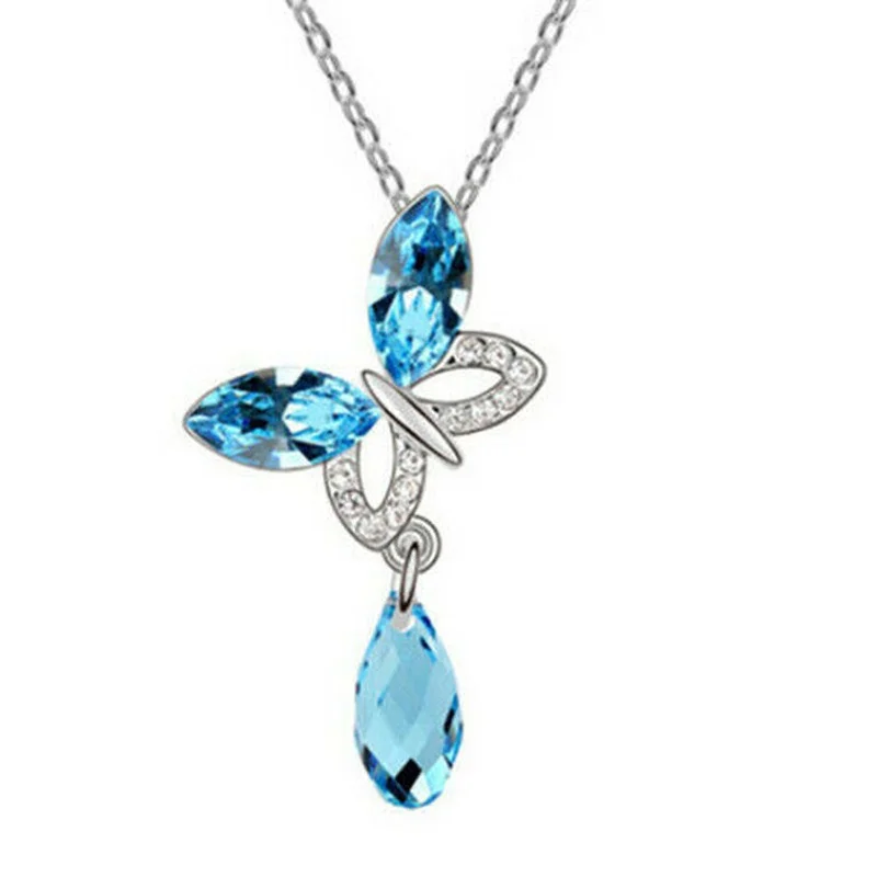 Women Jewelry Butterfly with Lake Blue Crystal Water Drop Pendant Necklace
Women Jewelry Butterfly with Lake Blue Crystal Water Drop Pendant Necklace