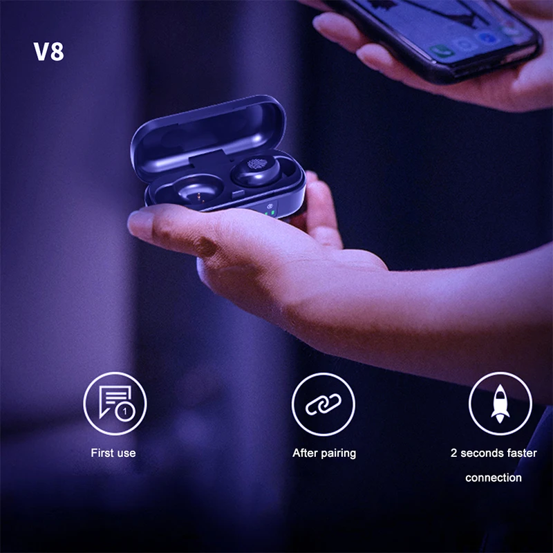 FLUXMOB V8 TWS Wireless Earphones Bluetooth 5.0 9D Bass Stereo Waterproof Earbuds Handsfree Headset With Microphone Charging 
FLUXMOB V8 TWS Wireless Earphones Bluetooth 5.0 9D Bass Stereo Waterproof Earbuds Handsfree Headset With Microphone Charging