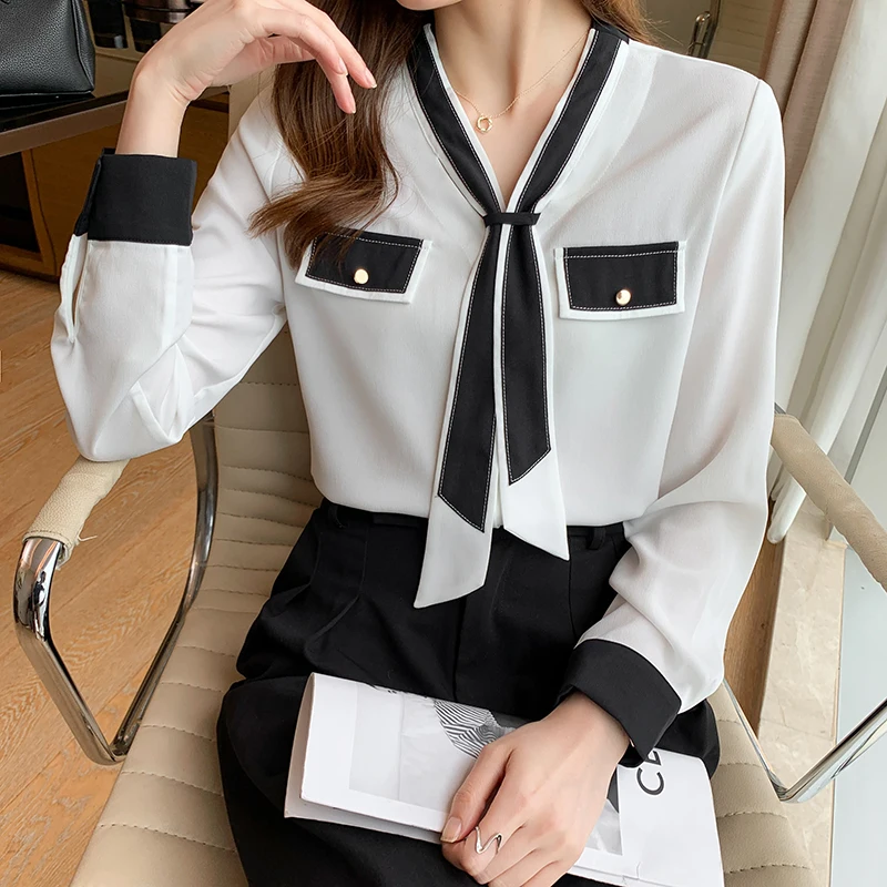 Chiffon Women's Blouse Loose V-neck Girl's Shirt Summer Fashion Long Sleeve Top Casual Splicing Office Lady Blusas Houthion
Chiffon Women's Blouse Loose V-neck Girl's Shirt Summer Fashion Long Sleeve Top Casual Splicing Office Lady Blusas Houthion