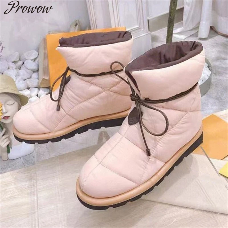

Prowow Winter Boots Women Warm Flat Shoes Cross-tied Bread Booties Thick Sole Slip On Brand Fashion Round Toe Woman Ladies 40