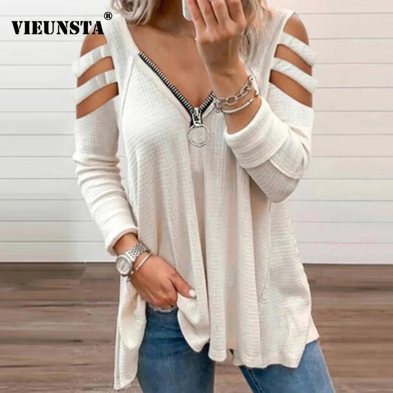2021 Spring Zip Up V-neck Blouse Shirt Women Elegant Cold Shoulder Long Sleeve Tops Retro Lady Hollow Out Solid Streetwear Blusa
2021 Spring Zip Up V-neck Blouse Shirt Women Elegant Cold Shoulder Long Sleeve Tops Retro Lady Hollow Out Solid Streetwear Blusa