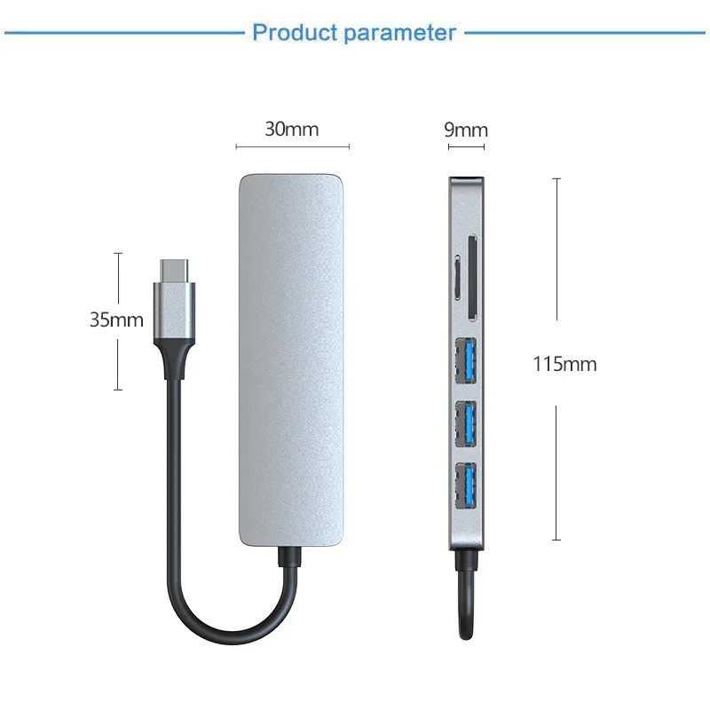 6 in 1 USB Multiport Adapter Aluminum Dongle with 4K for Output 3 USB 3.0 Ports SD/Micro SD Card Reader for Type C Device
6 in 1 USB Multiport Adapter Aluminum Dongle with 4K for Output 3 USB 3.0 Ports SD/Micro SD Card Reader for Type C Device