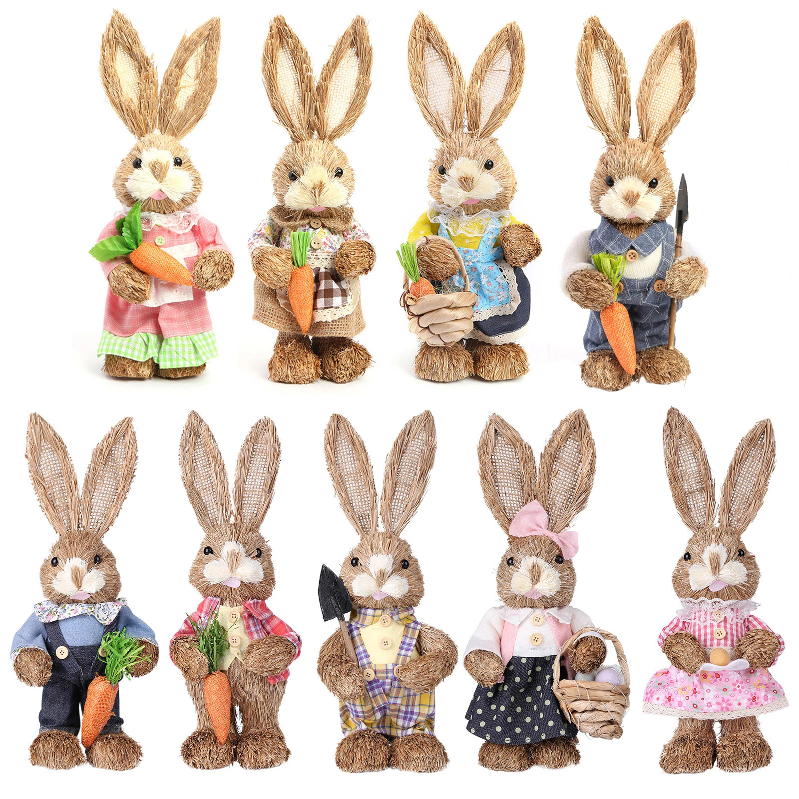 

32cm Straw Rabbit Ornament 12 inch Standing Bunny with Carrot Handmade Figurine for Easter Home Decorations Statue Dolls Gift