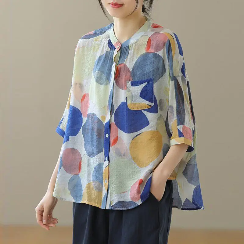 Retro Leisure Loose A Word Large Size Ink Polka Dot Stand Collar Thin Tencel Cotton Linen Shirt Female Summer Tops Blusa zh1503
Retro Leisure Loose A Word Large Size Ink Polka Dot Stand Collar Thin Tencel Cotton Linen Shirt Female Summer Tops Blusa zh1503