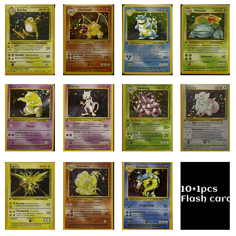 10PCS+1 NEW 1996 Years DIY Pokemon Flash Cards Charizard Blastoise Venusaur Ninetales Mewtwo Zapdos Game Collection Cards
10PCS+1 NEW 1996 Years DIY Pokemon Flash Cards Charizard Blastoise Venusaur Ninetales Mewtwo Zapdos Game Collection Cards