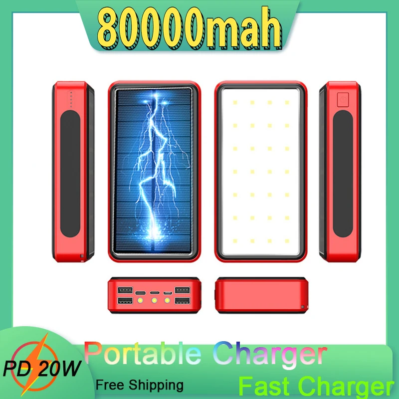 

80000mAh Solar Power Bank Large Capacity Portable External Battery 4USB LED Light Powerbank for Xiaomi IPhone Samsung