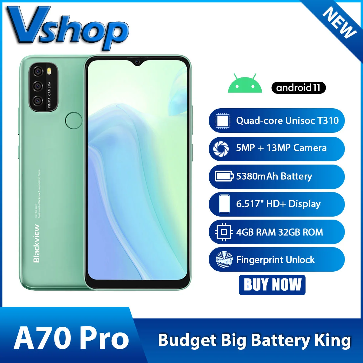 Смартфон Blackview A70 Pro 4 + 32 ГБ 5380 мАч 6 517 дюйма Android 11 T310 ядра OTG 4G LTE | Мобильные телефоны